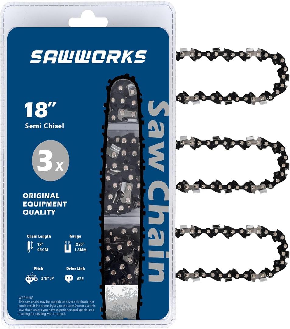SawWorks 3-Pack 18 Inch Chainsaw Chain, 3/8" LP Pitch .050" Gauge 62 Drive Links Fits DEWALT 60V DCCS600, DCCS672, EGO CS1800, CS1804, Poulan Pro PR4218, 581562301, Oregon S62, CS1500 and More