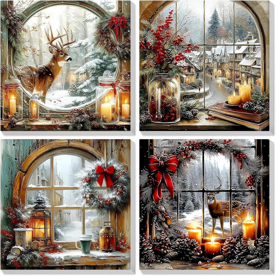 Bowetile 4 Pack Framed Paint by Numbers Deer for Adults Beginners, Adults' Paint-by-Number Deer Kits on Canvas, DIY Acrylic Number Painting Crafts Kits Christmas Gifts for Home Decor, 8x8in