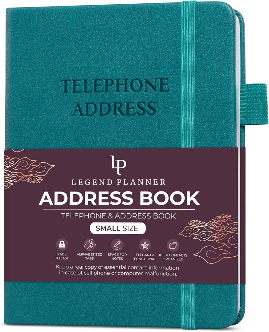 Legend Planner Address Book with Alphabetical Tabs  Mini Telephone Contacts Book for Phone Numbers, Addresses, Passwords, Small (Dark Teal) (Pocket (4.3x5.7))