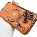 for iPhone 17 Pro Max Case Magnetic, [Compatible with MagSafe] Women Cute Clear Glitter Bling Diamond Rhinestone Sparkly Case Camera Lens Protectors Plating Cover 6.9'' 2025, Orange