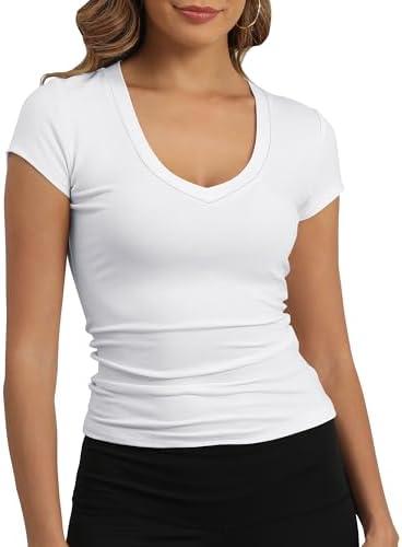 GEMBERA Womens' Stretchy V Neck Short Sleeve Gym Workout Form Fitted Casual Basic Top T-Shirt, XL, White