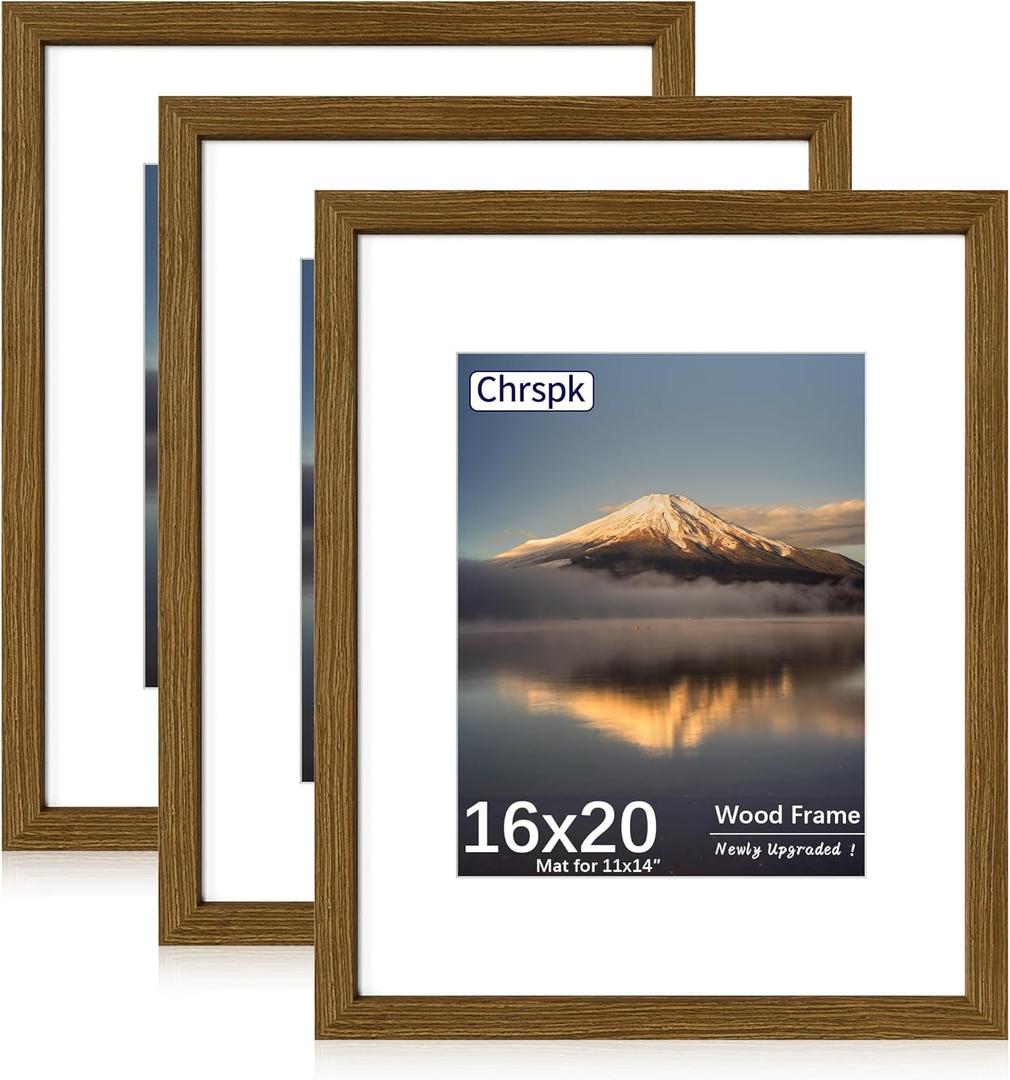16x20 Poster Frame, Display Pictures 11X14 with Mat or 16x20 Without, Wall Hanging Frames, Rustic Brown, 3 Pack