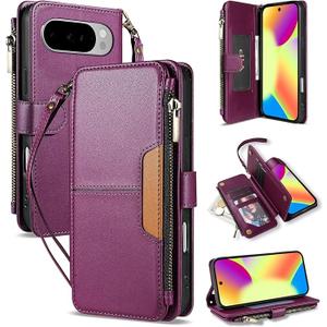 Neiye for Google Pixel 10/10 Pro Wallet Case with Card Holder Fashion PU Leather Magnetic Snap Flip Zipper Strap Protective Phone Case for Google Pixel 10/10 Pro Case Wallet(6.3 inch-Purple)
