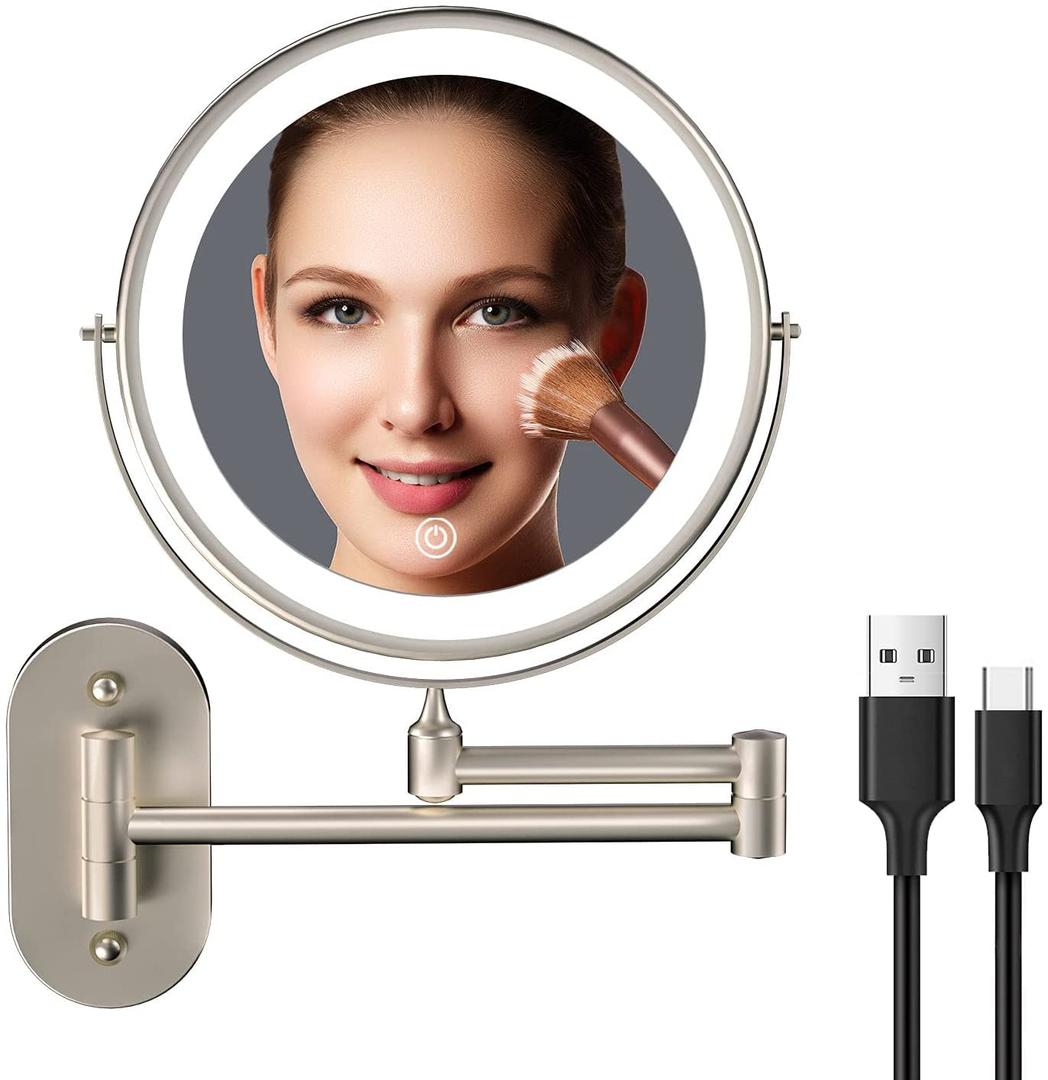 5000mAh Rechargeable Wall Mounted Lighted Makeup Vanity Mirror, Double Sided 1X 30X Magnifying Bathroom Mirror, 3 Color Lighting, Touch Screen Dimming, Extended Arm 360 Rotation Shaving Mirror (Brush Nickel)