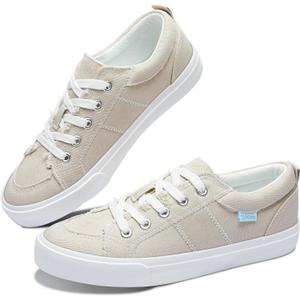Obtaom Women's White Play Fashion Sneakers Cute Lace up Canvas Shoes Low Top Washed Canvas Flat for Lady, Size 10