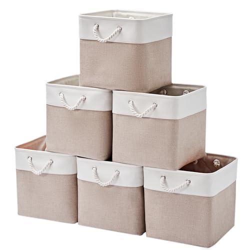 MidmmVick 12 x 12 Inch Cube Storage Bins,  Large Collapsible Fabric Storage Bin with Ropes, Foldable Storage Cubes for Home, Office,Closet, Clothes, Toys Organizer (White & Beige)