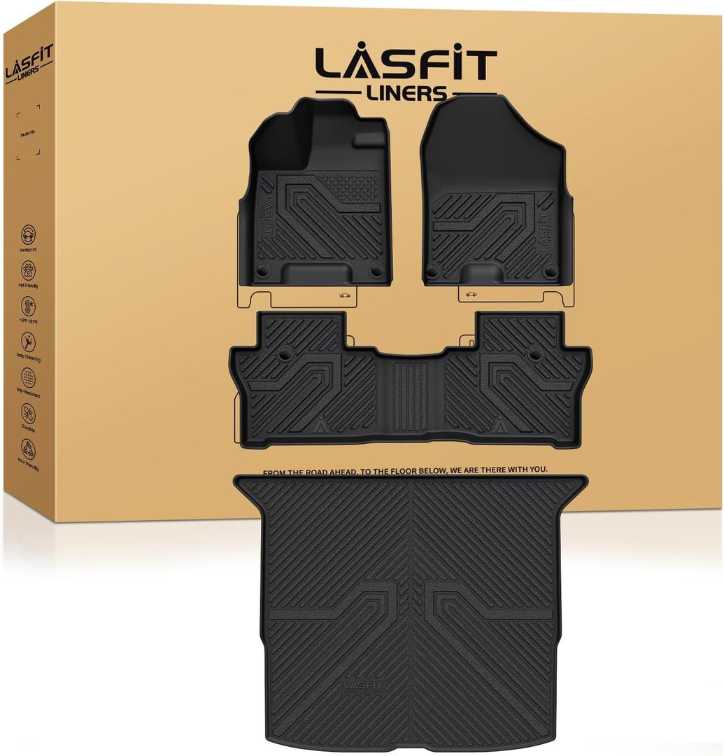 LASFIT Floor Mats and Trunk Mat for Honda Passport 2019 2020 2021 2022 2023 2024 2025, All Weather TPE Custom Fit Car Floor Liner, 1st & 2nd Row & Cargo Mat, Black