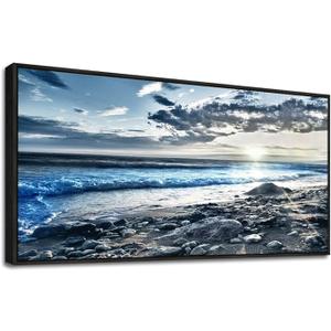 Black Framed Canvas Wall Art - Large Size, Modern Office & Bedroom Decor - Blue Beach Ocean Seascape Prints - 30"X60"