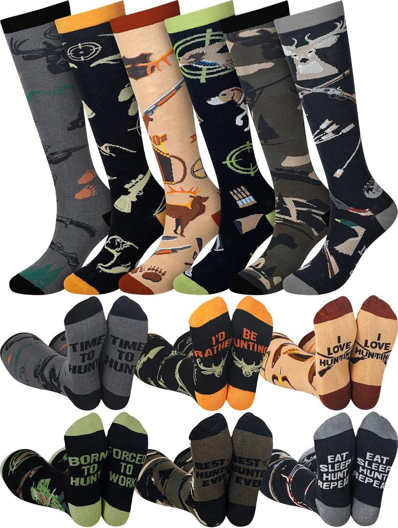 JenPen 6 Pcs Christmas Funny Knee High Socks Hunting Hockey Lovers Unique Gifts Hunter Hockey Accessories for Husband Dad Men