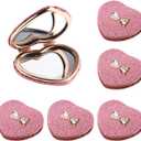 6 Pack Sparkly Pokect Heart Mirror Travel Compact Magnifying Folding Mirror for Purse Mini Vanity Cosmetic Lashes Makeup Double-Sided Cute Glitter Pink (Heart Glitter Pink with Bow)