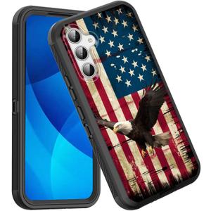 GFEWYTJYJ for Galaxy S24 FE Case,Shockproof 3-Layer Full Body Protection Rugged Heavy Duty High Impact Hard Cover Case for Samsung Galaxy S24 FE 6.7 inch 2024,American Flag Bald Eagle