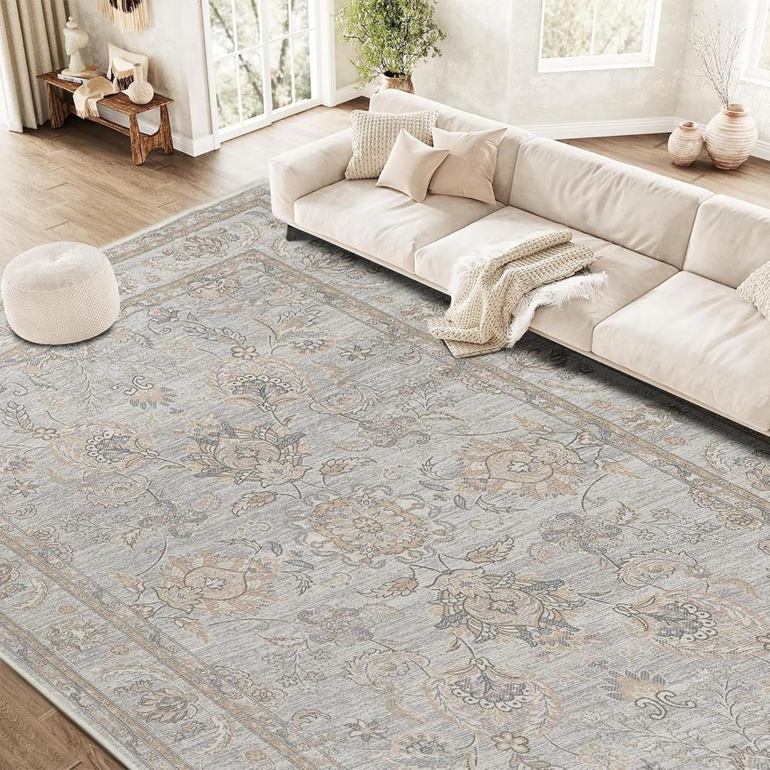 RYB HOME Bedroom Area Rug 6x9, Floral Vintage Machine Washable Boho Rug for Bedroom Living Room, Large Soft Faux Wool Carpet for Dining Room Office Non Slip Rug, Greyish Green