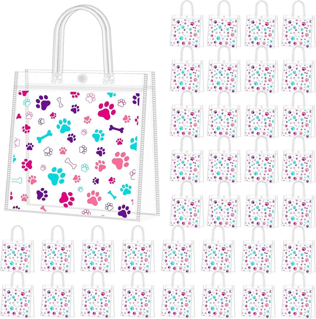 Supervitae 36 Pcs Colorful Dog Paw Bone Print Clear Favor Bags with Handle Reusable Plastic PVC Puppy Gift Bag Goodies Treats Totes for Pet Birthday Christmas Party Supplies, 8 x 8 x 3.15 Inch