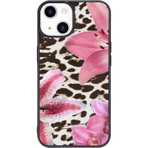 Black Leopard&Pink Lily Phone Case for iPhone 14 Black Leopard Lily Case Cover TPU Bumper Hard Back Shockproof Phone Case Girly Protective Phone Cover with Aesthetic Design