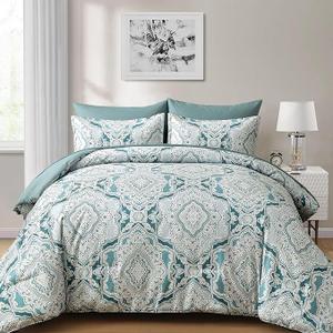 WONGS BEDDING Aqua Comforter Set King Size, 7 Pieces Bed in a Bag Boho Damask Pattern Comforter with Sheet Set, Soft Lightweight Micorfiber Bedding Set for All Seaaon(104"×90")