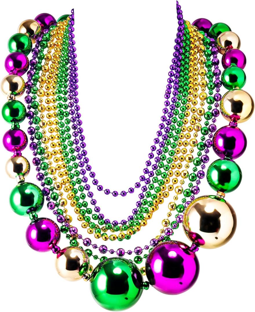 JOYIN 10 Pcs Mardi Gras Bead Necklace Set, 1 Jumbo Ball Bead Necklaces, 3 Medium & 6 Small Beaded Necklaces, Gold Green Purple Plastic Necklaces for Mardi Gras Costume Outfit Dress up Accessories