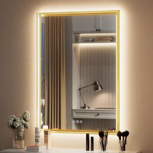 20x28 Inch Gold LED Mirror for Bathroom with Frontlit and Backlit, Adjustable 3000K/4500K/6000K, Wall Mounted Lighted Bathroom Vanity Mirror, Stepless Dimmable, Anti-Fog, Memory Function
