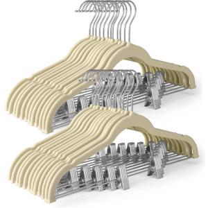 HOUSE DAY Velvet Skirt Hangers 36 Pack, Beige Velvet Pant Hangers with Adjustable Clips, Space Saving Slim Shorts Hanger, Heavy Duty Non Slip Clip Hanger for Pants, Skirts, Shorts