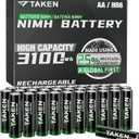 Taken Rechargeable AA Batteries 3100mWh 32-Pack NiMH High Capacity, Double A Batteries Made Using 25% Recycled Content, Recharge up to 2000x Times, Pre-Charged