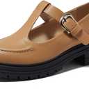 Coutgo Women's Platform Loafers T Strap Chunky Low Heel Buckle Strap Mary Jane Comfortable Casual Office Shoes (10, Khaki)