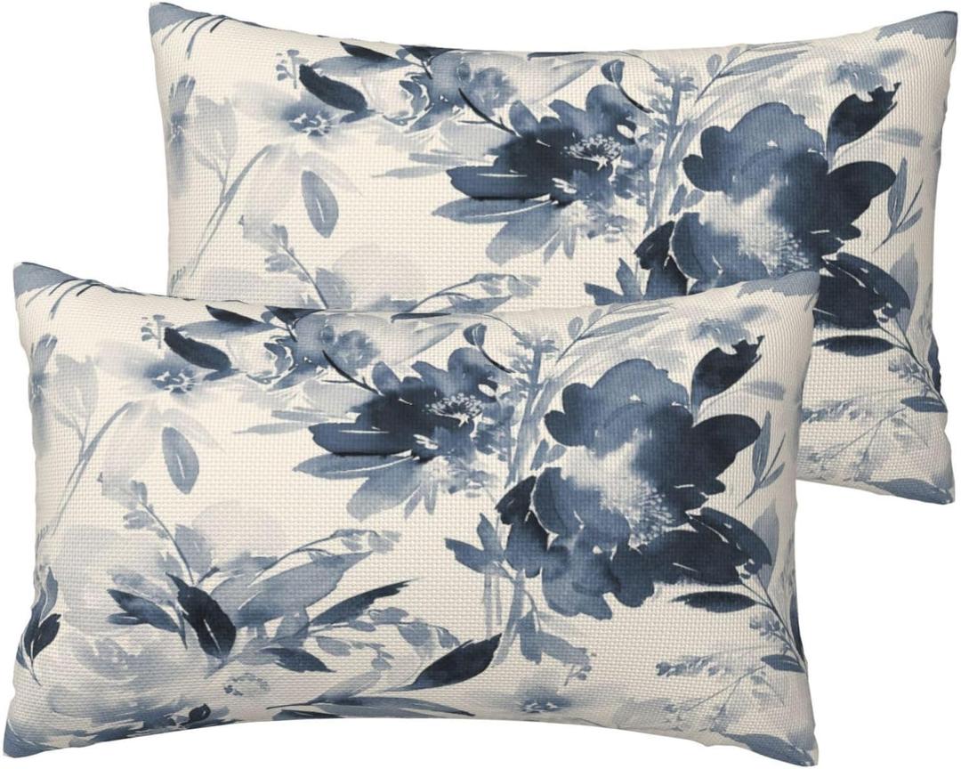 Floral Throw Pillow Covers 12x20 Inch Set of 2, Vintage Blue Flower Pillow Cases Floral Botanical Style Farmhouse Pillowcase Decorative Cushion Covers for Sofa Couch Bed Living Room (Navy)