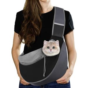 Pawaboo Pet Dog Sling Carrier, Hand Free Drawstring Dog Papoose with Adjustable Strap, Breathable Mesh Bag for Puppy Cat, Crossbody Satchel Dog Purse with Pocket for Outdoor, Dark Gray+Black, Small