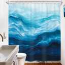 Riyidecor Ocean Beach Shower Curtain Beachy Abstract Blue Sea Wave Coastal Summer Nautical Ombre Navy Modern Nature Cool 72Wx72H Inch Hawaii Fabric Decor Bathroom Polyester Waterproof 12 Pack Hooks