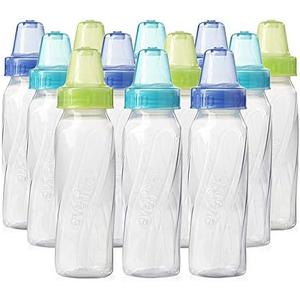 Evenflo Feeding Classic Clear Plastic Standard Neck Bottles for Baby, Infant and Newborn - Teal/Green/Blue, 8 Ounce (Pack of 12)