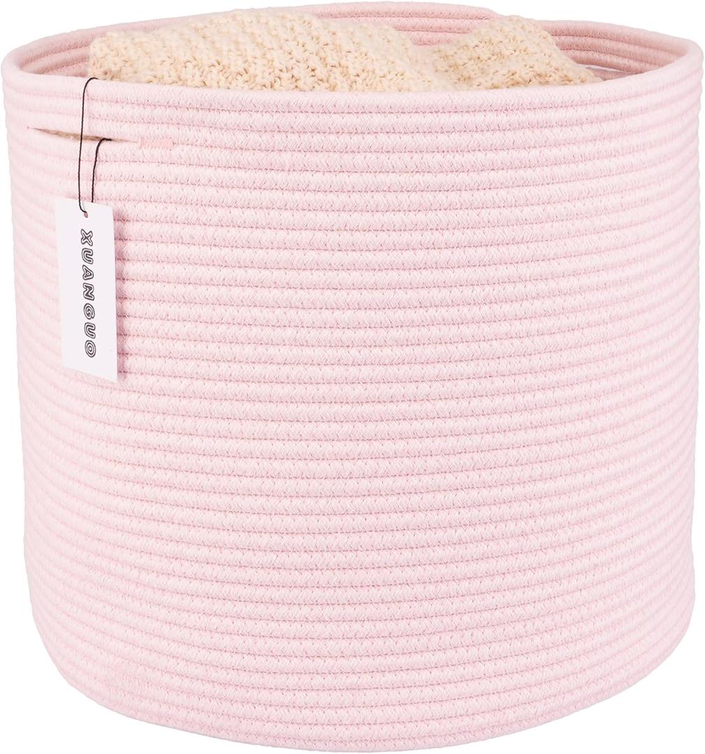 XUANGUO Cotton Rope Basket For Girls Kids 16X14 Baby Laundry Baskets Nursery Bin Round Woven Basket Organizer For Storage Toys Blankets Shoes Clothes pink