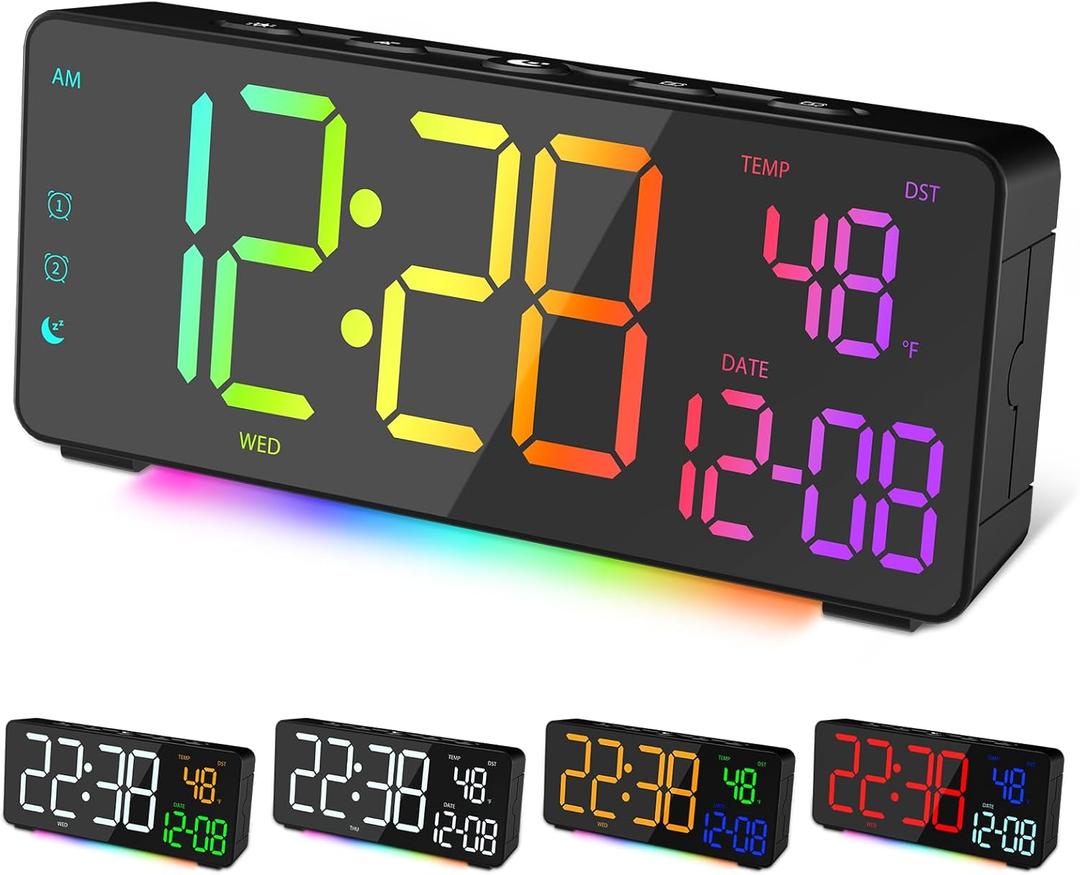 Digital Alarm Clocks for Bedrooms, RGB Desk Clock with 15 Color Display, Date Temperature and Weekday, DST, Snooze, 2 Alarms, Ambient Lighting for Living Room, Bedside Office Gaming Desk Decor (Black)