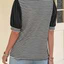 Tankaneo Womens Puff Sleeve Striped T-Shirts Summer V Neck Color Block Tops | Trendy Casual, Loose Fit Blouses, Basic Tees, Tunic Tops (M)