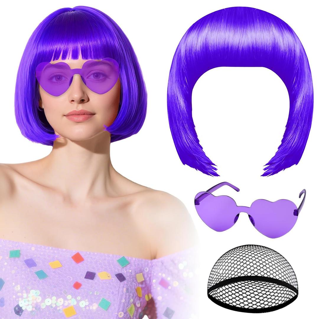 PLULON Dark Purple Bob Wig with Heart Sunglasses Hair Cap, Colorful Short Bob Wigs Synthetic Party Wigs Funny Cosplay Hairpieces for Women Men Daily Bachelorette Halloween Costume Party Decorations