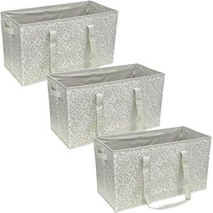 DURASACK Large Grocery Tote Bag 3-Pack All-Purpose Collapsible Tote Bags with Handles Kitchen Reusable Grocery Bags, Grey Leaf