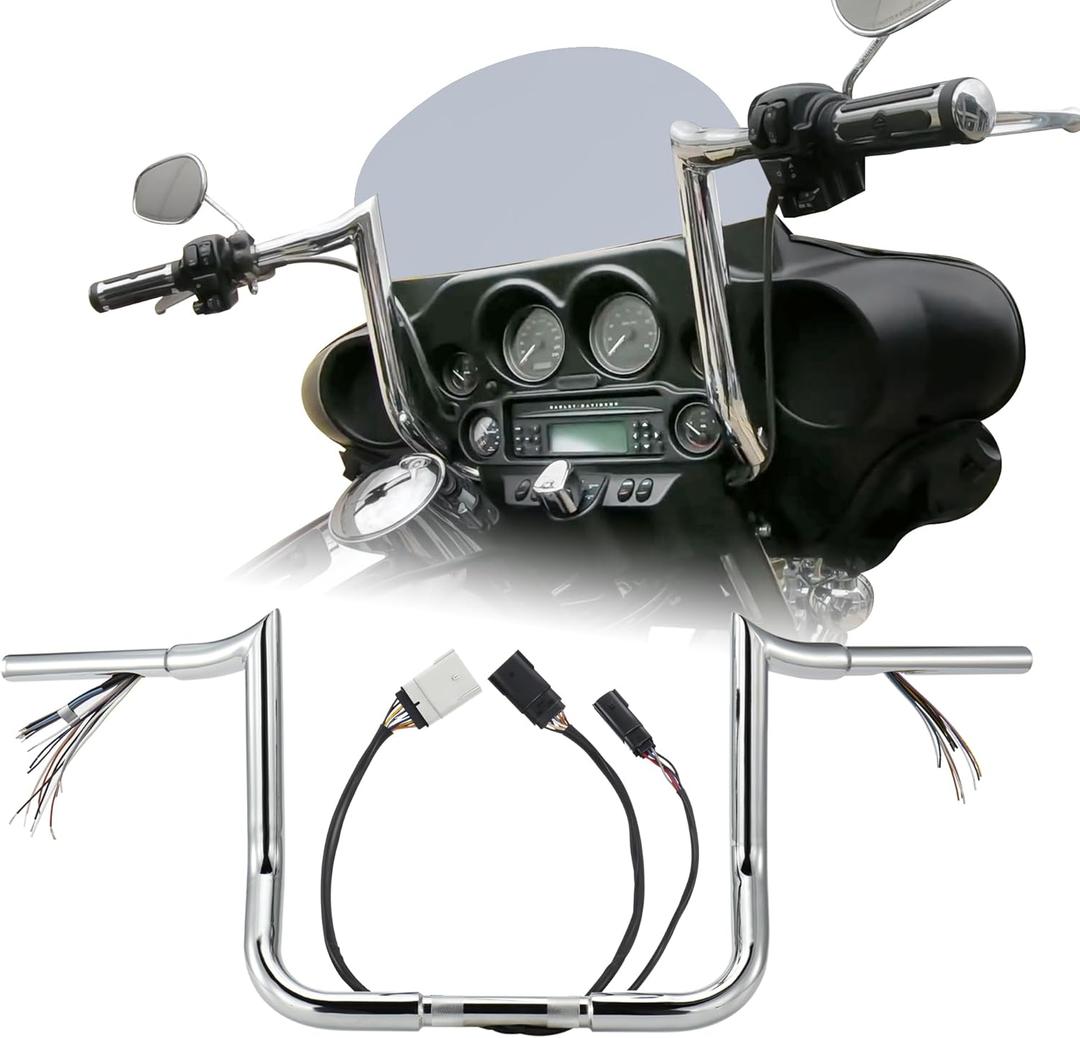Pre-wired 1 1/4" Fat Ape Hangers Street Glide 10" Rise Handlebars for Harley 2008-2013 Street Glide/Electra Glide/Ultra Limited Bagger Meathook Bar with CAN-Bus/TBW, Chrome