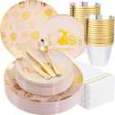 GATHER 175Pcs Easter Plastic Plates - Pink Plastic Dinnerware Set with Gold Bunny Includes 25 Dinner Plate and 25 Dessert Plate, 75 Silverware, 25 Cups, 25 Napkins for Easter Party