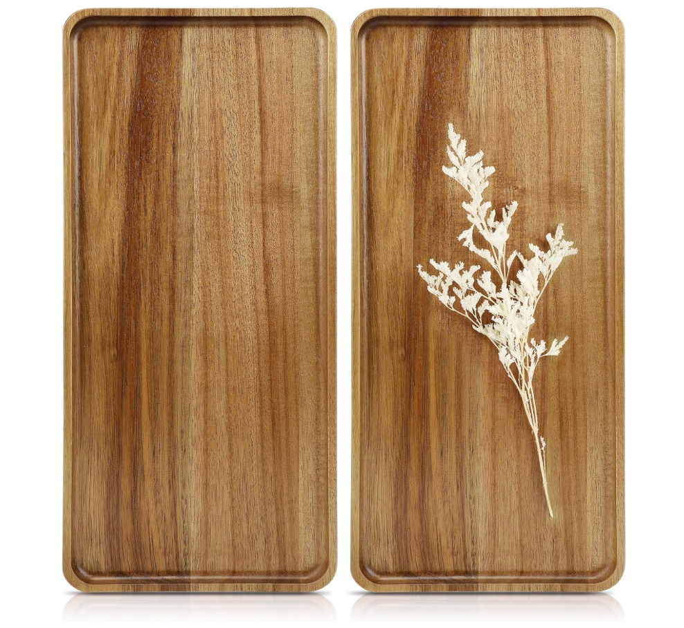 Charmlife 1 pcs 15.7" x 7" Large Solid Acacia Wood Serving Tray Rectangular Wooden Serving Platter Natural Wooden Board for Bar Coffee Party