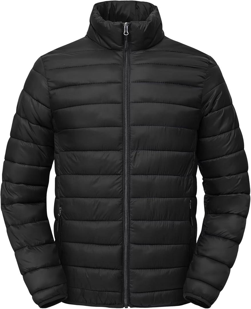 Lightweight Puffer Jacket Packable Water-Resistant Quilted Padded 4 Pockets Winter Insulated Thermal Puffy Coat (Large, Black)
