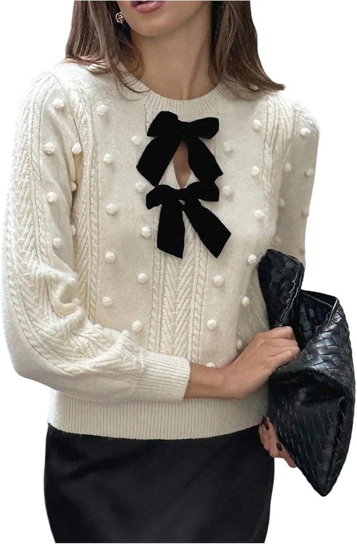 MakeMeChic Women's Bow Crew Neck Sweater Long Sleeve Pom Pom Cute Pullover Tops (Large, Apricot)