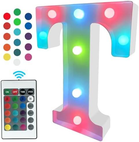 LED Marquee Light Up Signs, Battery Powered Color Changing for Wall, Bedroom - Remote Control RGB Letter T