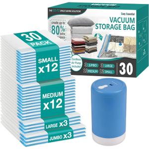 Cozy Essential Travel Vacuum Storage Bags with Rechargeable Cordless USB Pump, Space Saver Bags for Luggage, Suitcase, Carry-On, for Clothes, Blankets, Bedding & Seasonal Storage,30 Combo