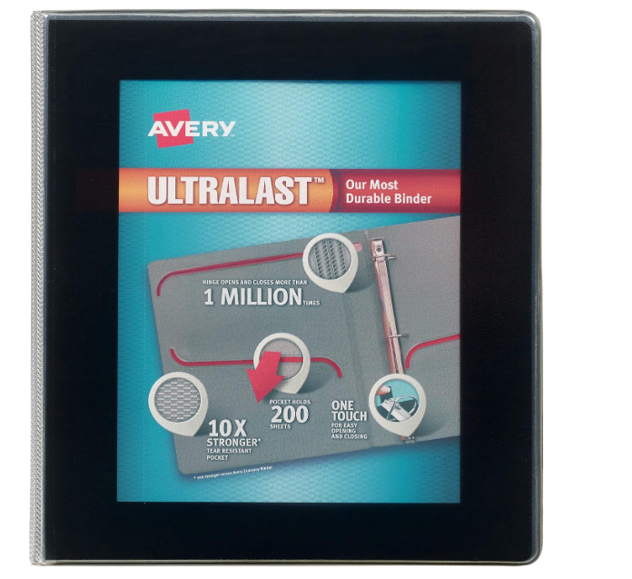 Avery Ultralast 3 Ring Binder, One Touch Slant Ring, Black