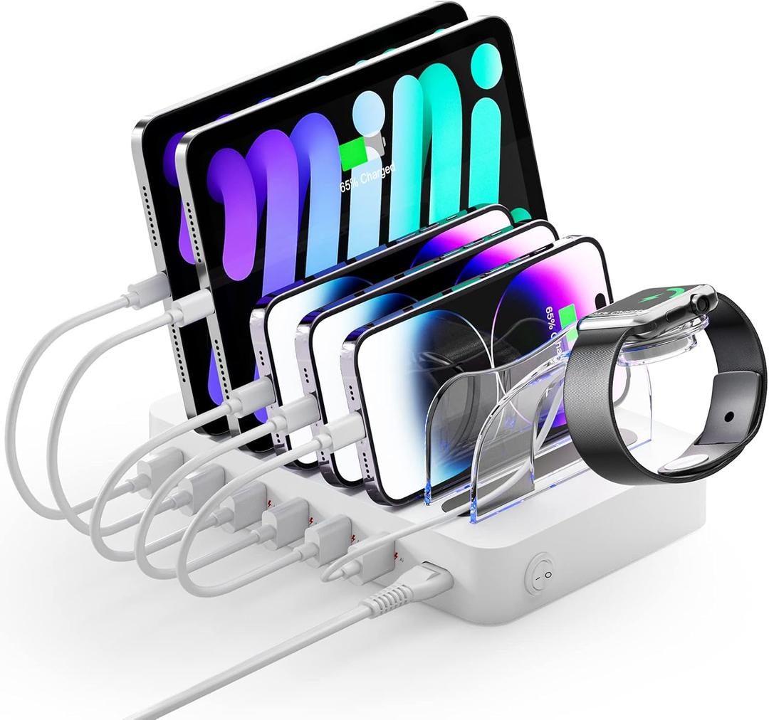 Unitek Fast Charging Station for Multiple Devices, 60W 6 Ports Charging Dock with QC 3.0, USB Charging Station Organizer with 7 Short Charging Cables for Phones, Tablets, and Other Electronics