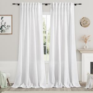 White Linen Curtains 100 inches Long for Bedroom Back Tab Light Filtering Privacy Sheer White Curtains Modern Farmhouse Coastal Decor Off White Cotton Textured Curtain for Living Room 2 Panel Set (52"W x 100"L (Pack of 2), White)