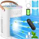 BALKO Small Air Conditioner, 5400mAh Built-in Battery Evaporative Air Cooler, 2 Ice Packs, 7H Timer Smart Auto-Off &Remote, 7 Lights, 1200ML Water Tank, 2-Level Mists, 3-Speed Personal Air Conditioner