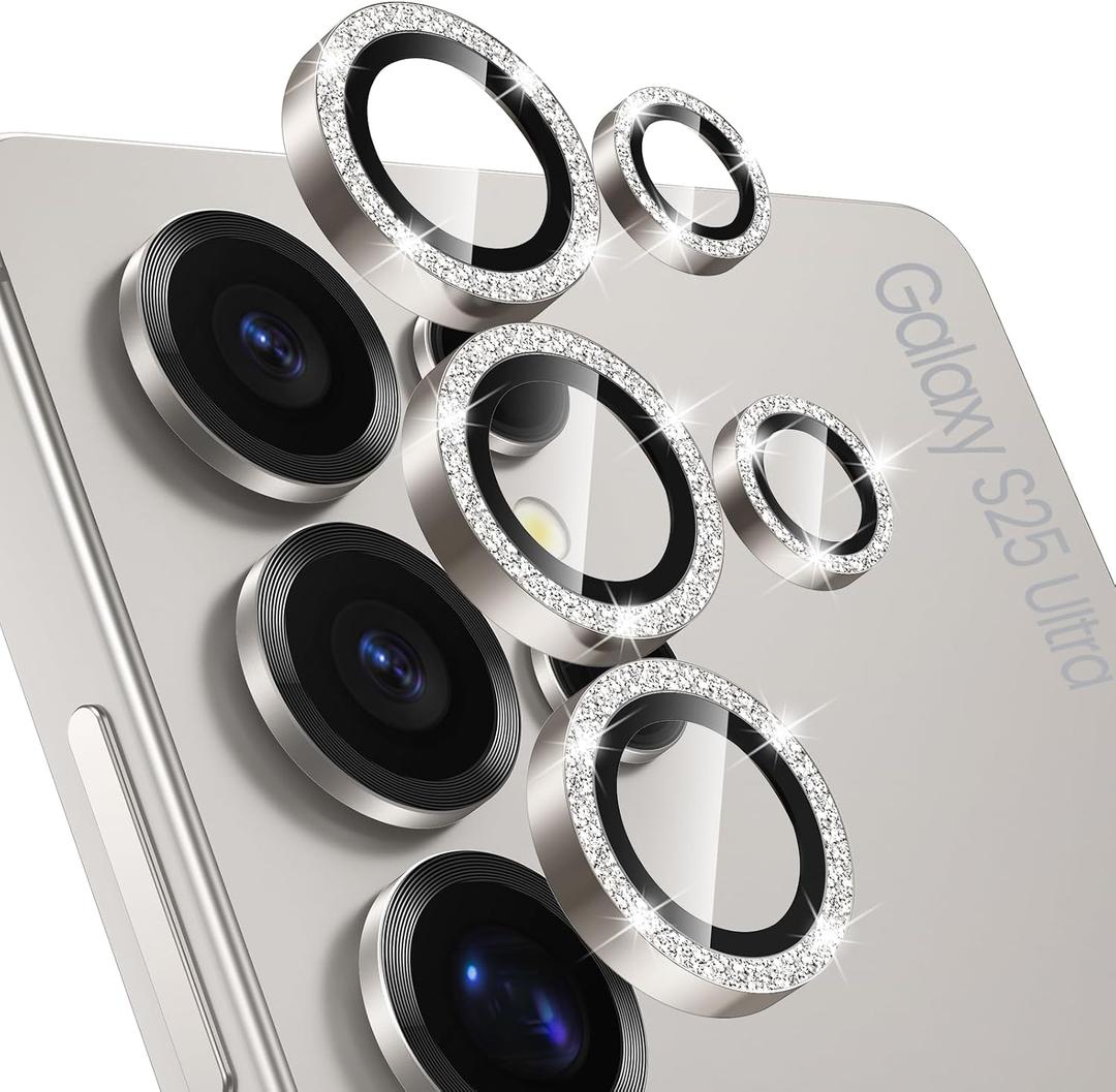Tensea (3+2PCS Compatible with Samsung Galaxy S25 Ultra Camera Lens Protector, 9H Tempered Glass Camera Cover Screen Protector Metal Individual Ring [Installation Tray][Case Friendly] (Glitter Gray)