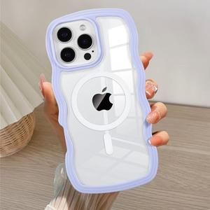 QLTYPRI Magnetic for iPhone 16 Pro Case Compatible with Magsafe, Cute Curly Wave Frame Clear Case for Girls Women, Transparent TPU Bumper Shockproof Protective Phone Cover - Purple