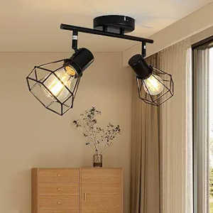 LED Track Lighting Kit, 2-Light Directional Ceiling Light Fixture, Black Metal Wire Cage Ceiling Spot Lighting Fitting for Kitchen, Bedroom, Art Wall, E26 Base, Bulbs Not Included