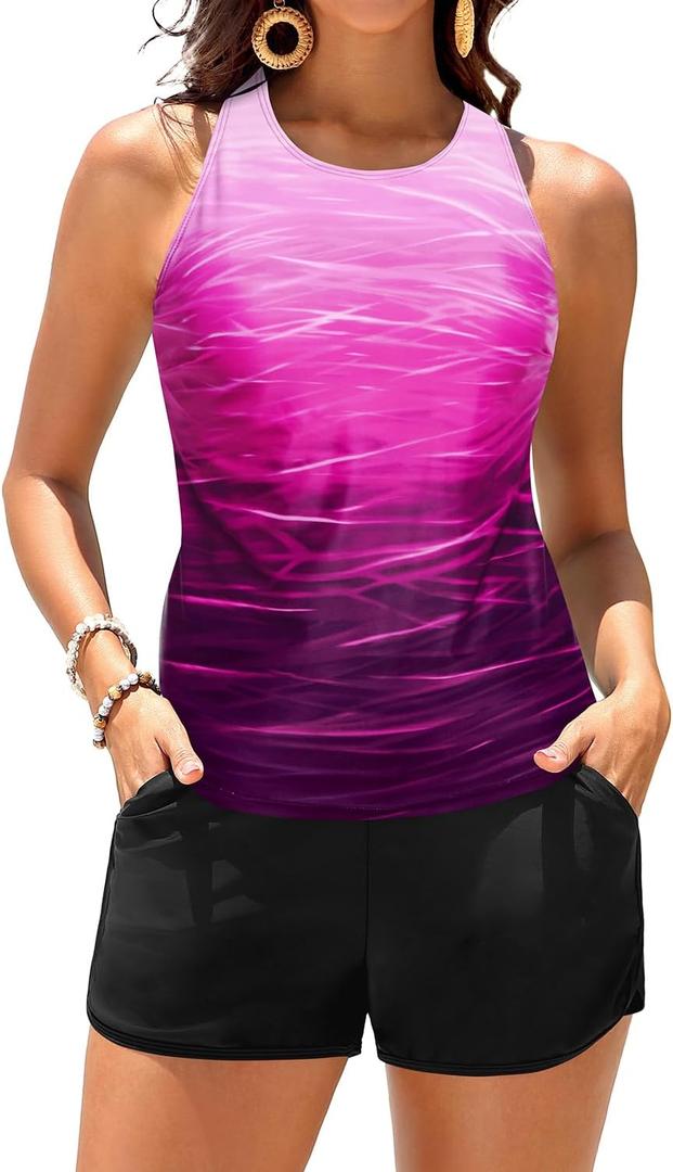 Daci Tankini Swimsuits for Women - Tummy Control Two Piece Bathing Suits with Shorts 2025 High Neck Swimwear Two Side Pockets (Small, Pink Gradient)
