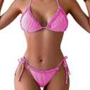 Women's Striped Print Cute Bathing Suit Ruffle Trim High Waist Summer Swimsuit Bikini Set (Large, Hot Pink)