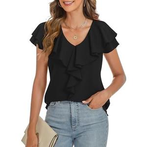 Nitzana Women's Ruffle Short Sleeve Tops Dressy Casual Business Work Blouses Office V Neck Chiffon Shirts Summer 2025, M